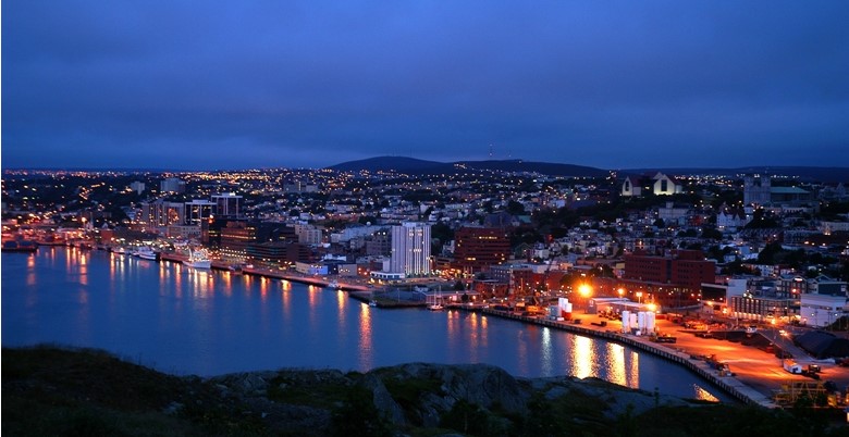 night view of St. John's harbour and surrounding area